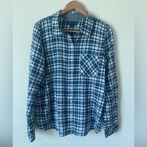Tommy Hilfiger Women’s White&Navy Plaid Long Sleeve Button Down Shirt Size Large